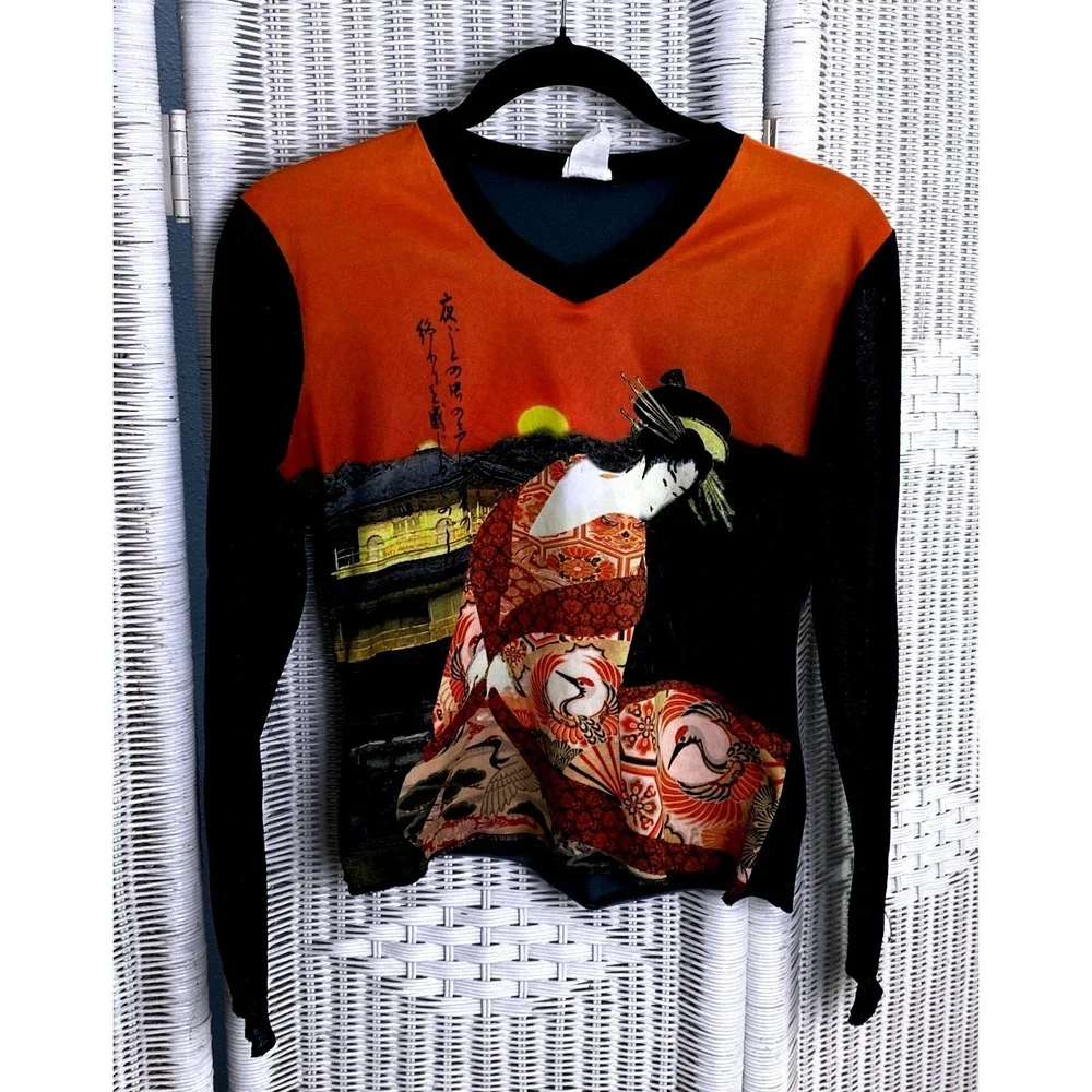 Scoop! Y2K Geisha Print Top Black Sheer Sleeve Orange Graphic Retro Novelty M - Picture 1 of 11
